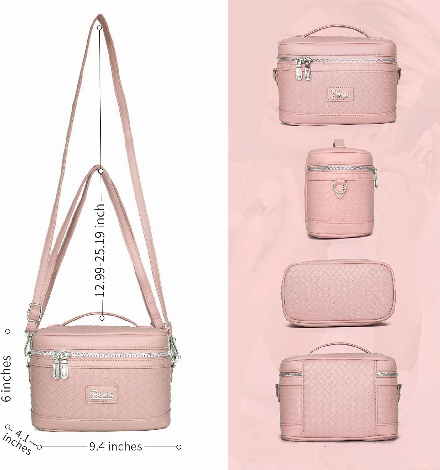 Travel Makeup Bag for Women: Large Capacity Cosmetic Bag Set of 2 - Vegan Leather Vanity Case with Mirror - Crossbody Waterproof Toiletry Bag Make up Organizer Case (Pink)