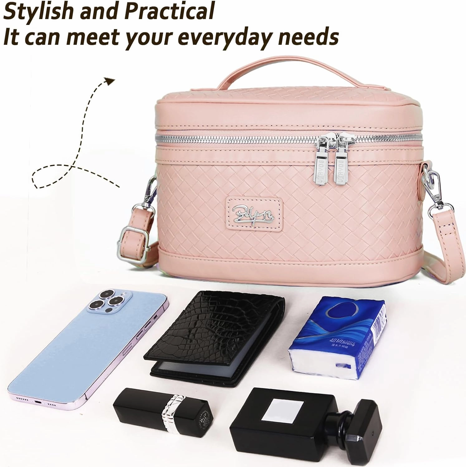Travel Makeup Bag for Women: Large Capacity Cosmetic Bag Set of 2 - Vegan Leather Vanity Case with Mirror - Crossbody Waterproof Toiletry Bag Make up Organizer Case (Pink)