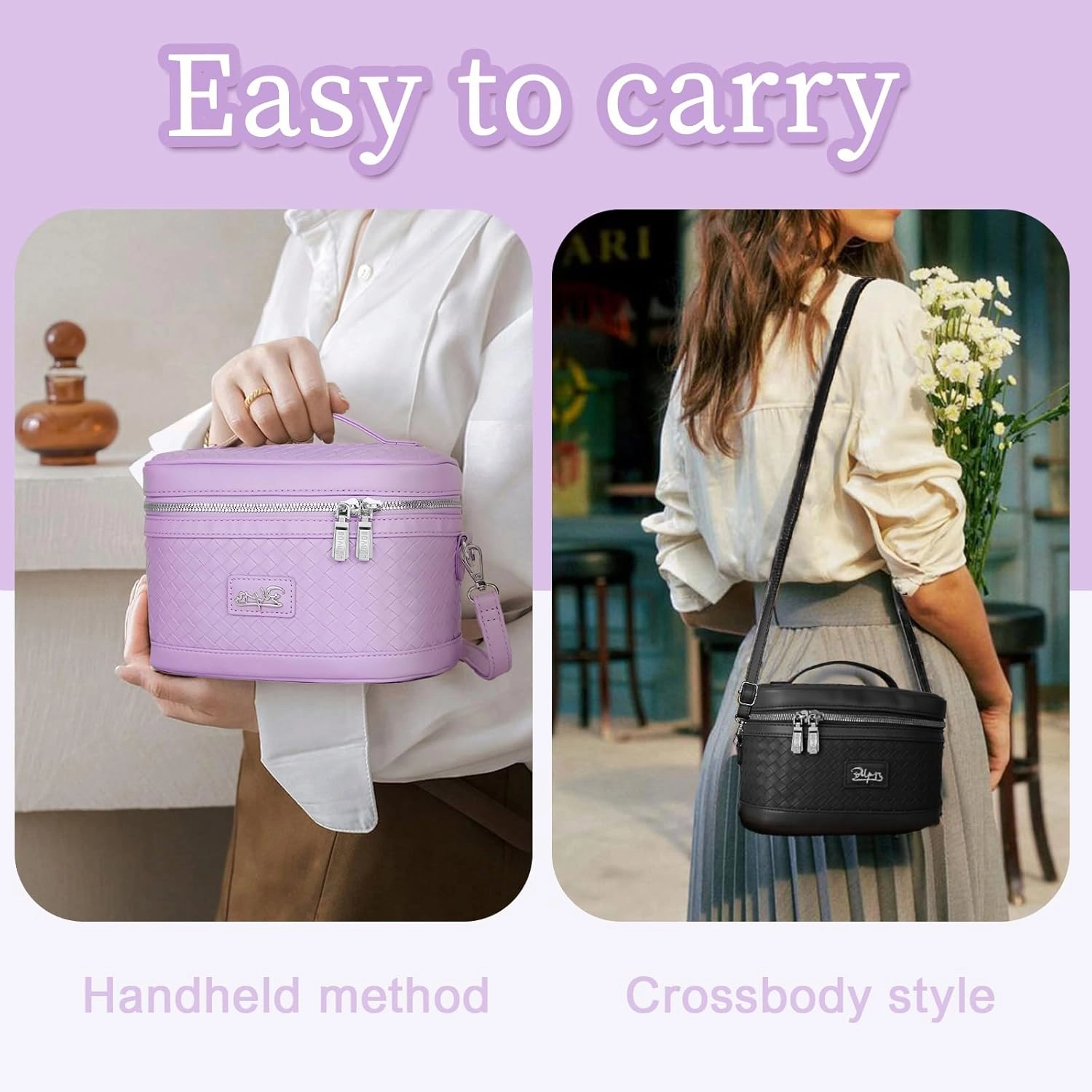 Travel Makeup Bag for Women: Large Capacity Cosmetic Bag Set of 2 - Vegan Leather Vanity Case with Mirror - Crossbody Waterproof Toiletry Bag Make up Organizer Case (Violet)