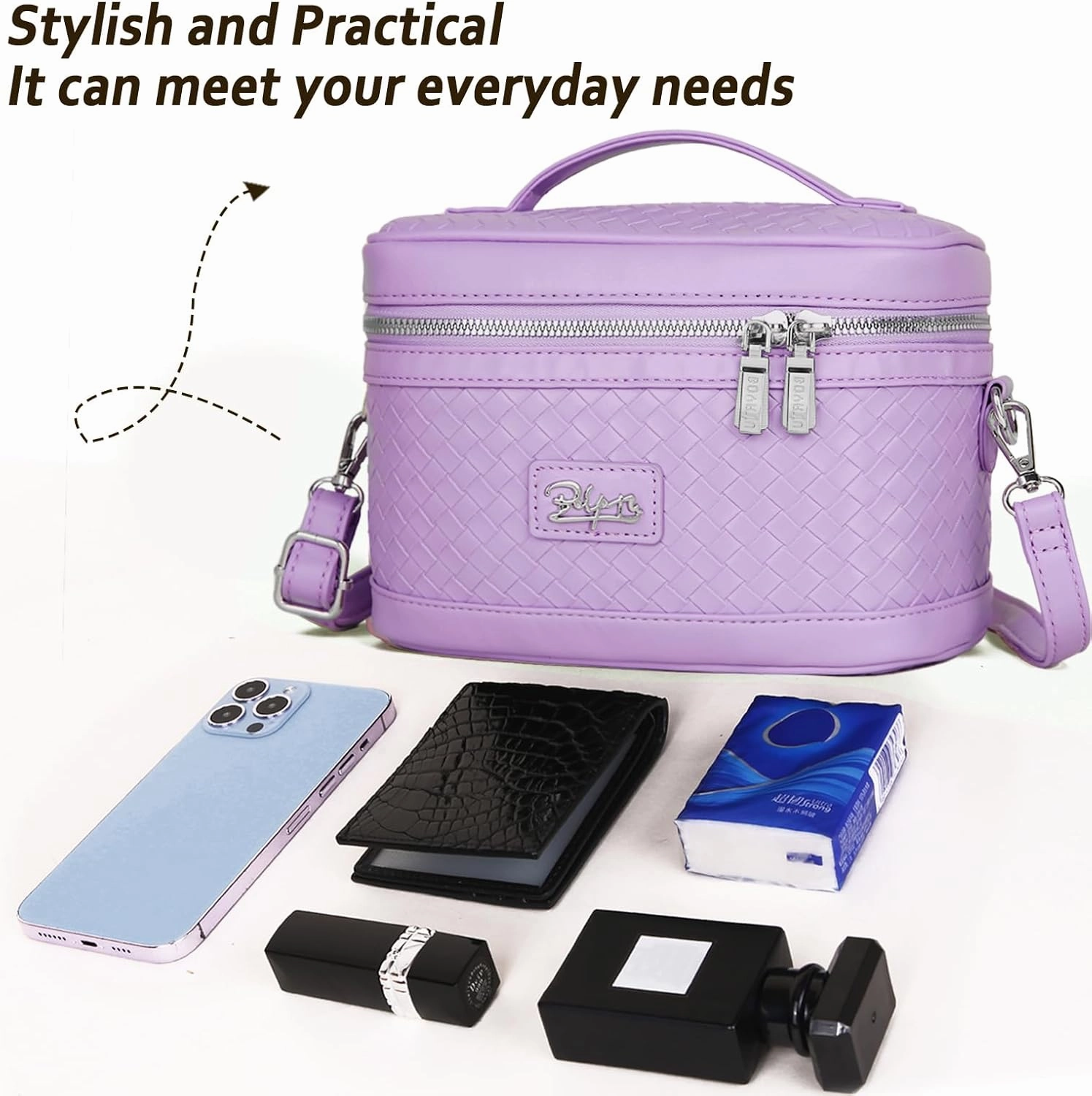 Travel Makeup Bag for Women: Large Capacity Cosmetic Bag Set of 2 - Vegan Leather Vanity Case with Mirror - Crossbody Waterproof Toiletry Bag Make up Organizer Case (Violet)
