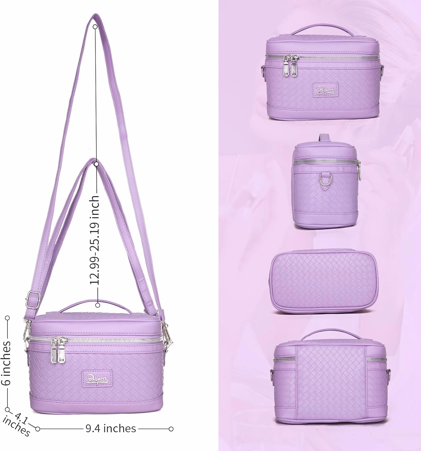 Travel Makeup Bag for Women: Large Capacity Cosmetic Bag Set of 2 - Vegan Leather Vanity Case with Mirror - Crossbody Waterproof Toiletry Bag Make up Organizer Case (Violet)