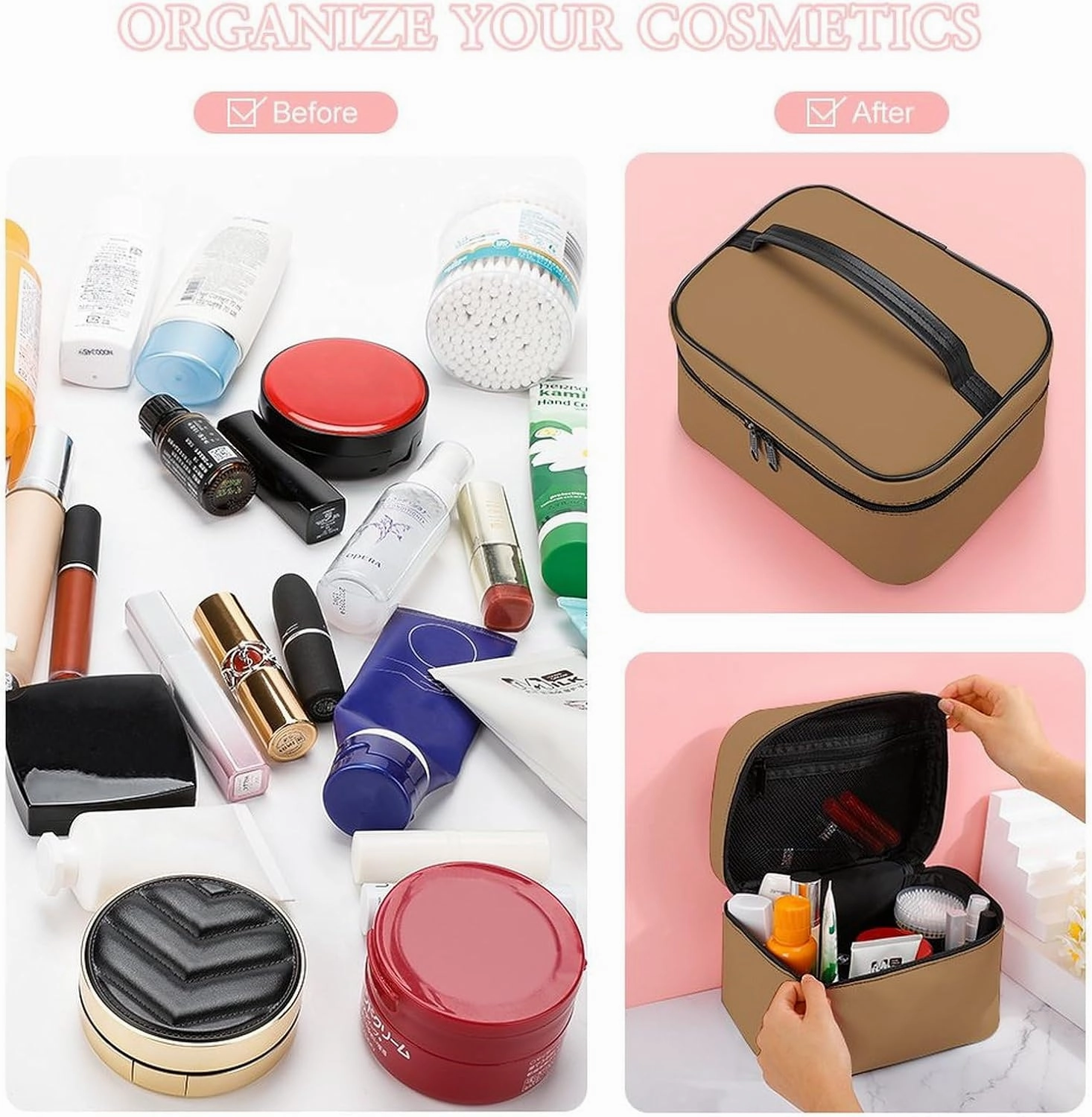 Travel Makeup Bag, Minimalist Solid Brown Cosmetic Bags for Women Large Capacity Waterproof Toiletry Bag Make up Organizer