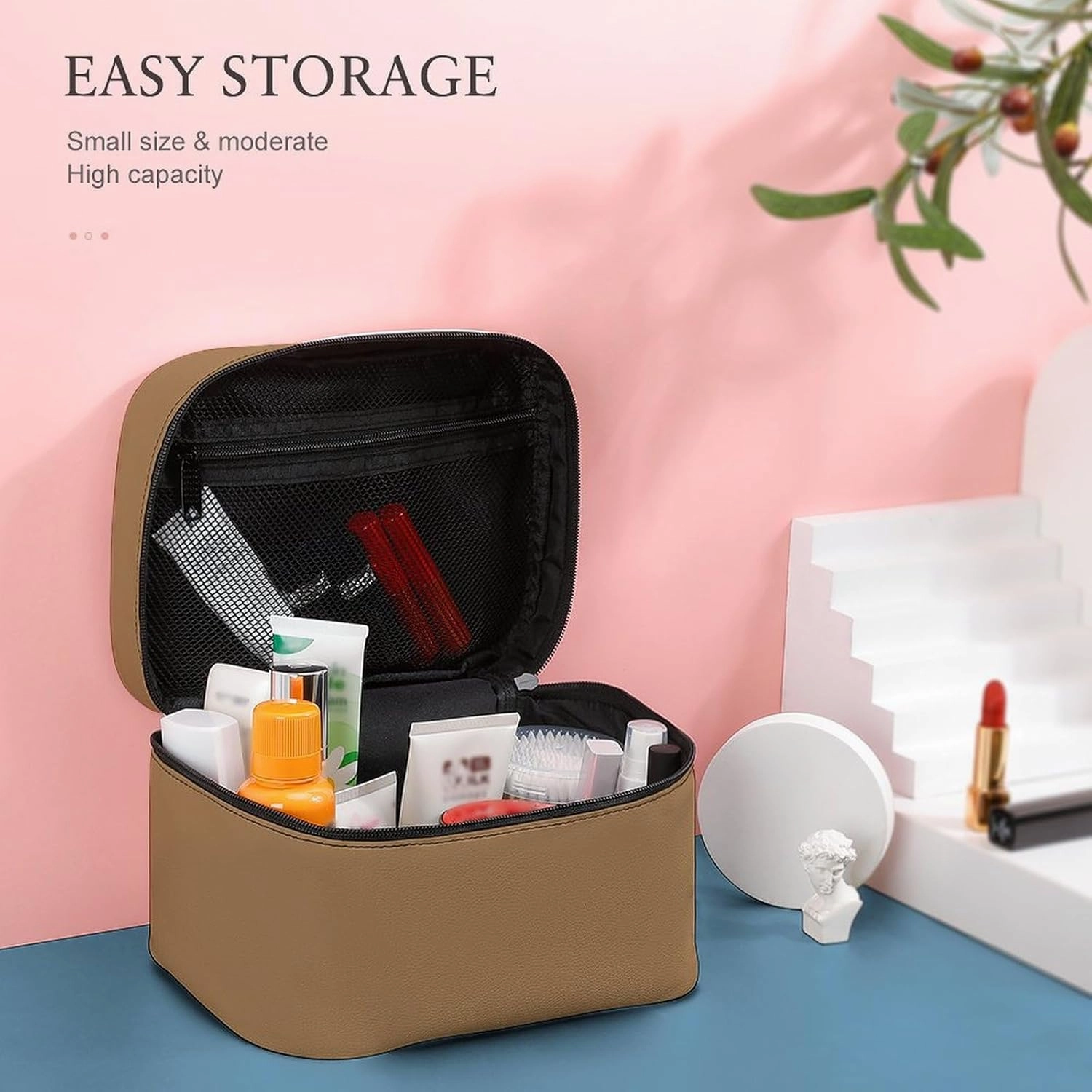 Travel Makeup Bag, Minimalist Solid Brown Cosmetic Bags for Women Large Capacity Waterproof Toiletry Bag Make up Organizer