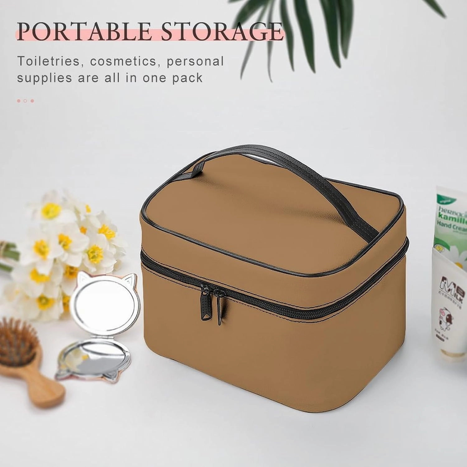Travel Makeup Bag, Minimalist Solid Brown Cosmetic Bags for Women Large Capacity Waterproof Toiletry Bag Make up Organizer