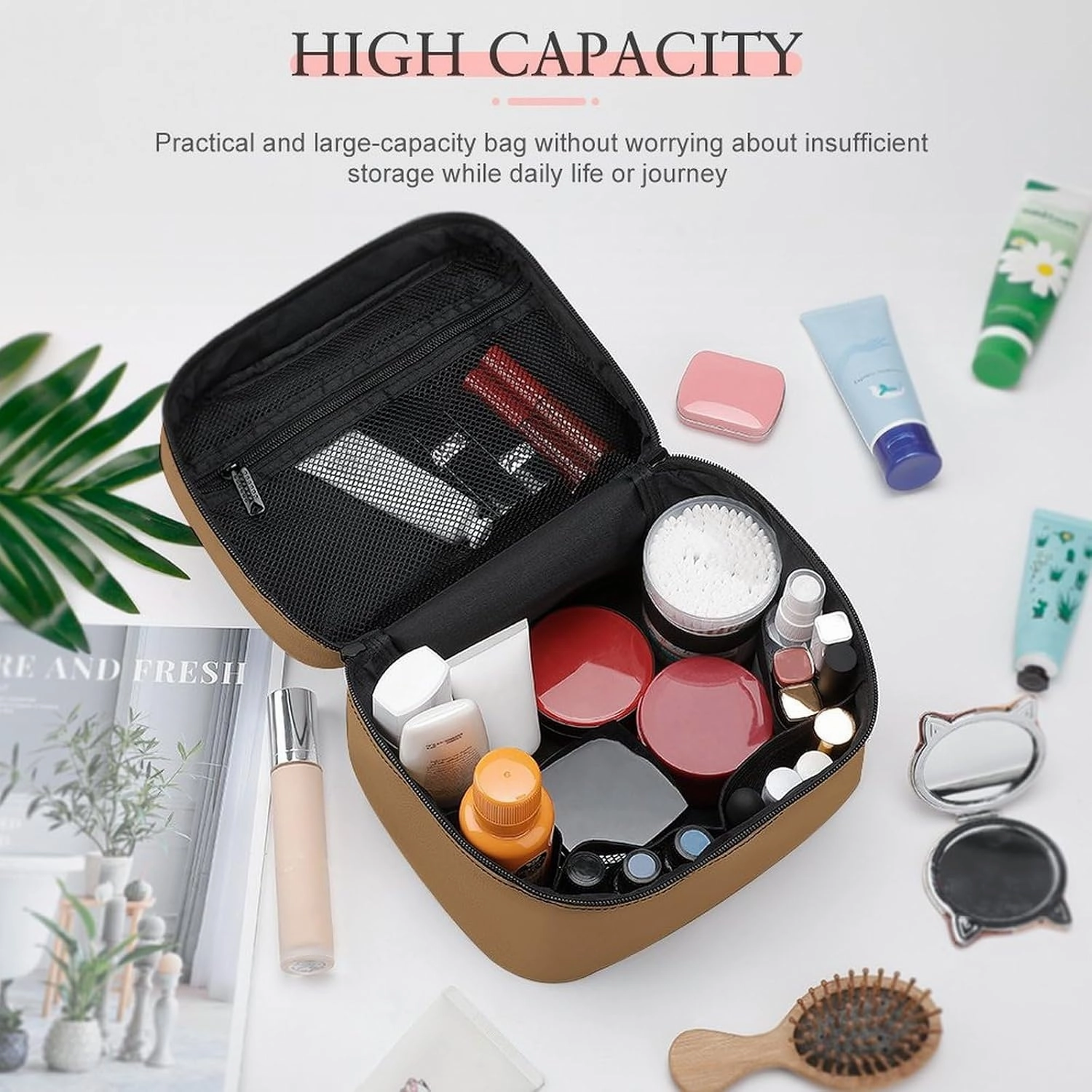 Travel Makeup Bag, Minimalist Solid Brown Cosmetic Bags for Women Large Capacity Waterproof Toiletry Bag Make up Organizer