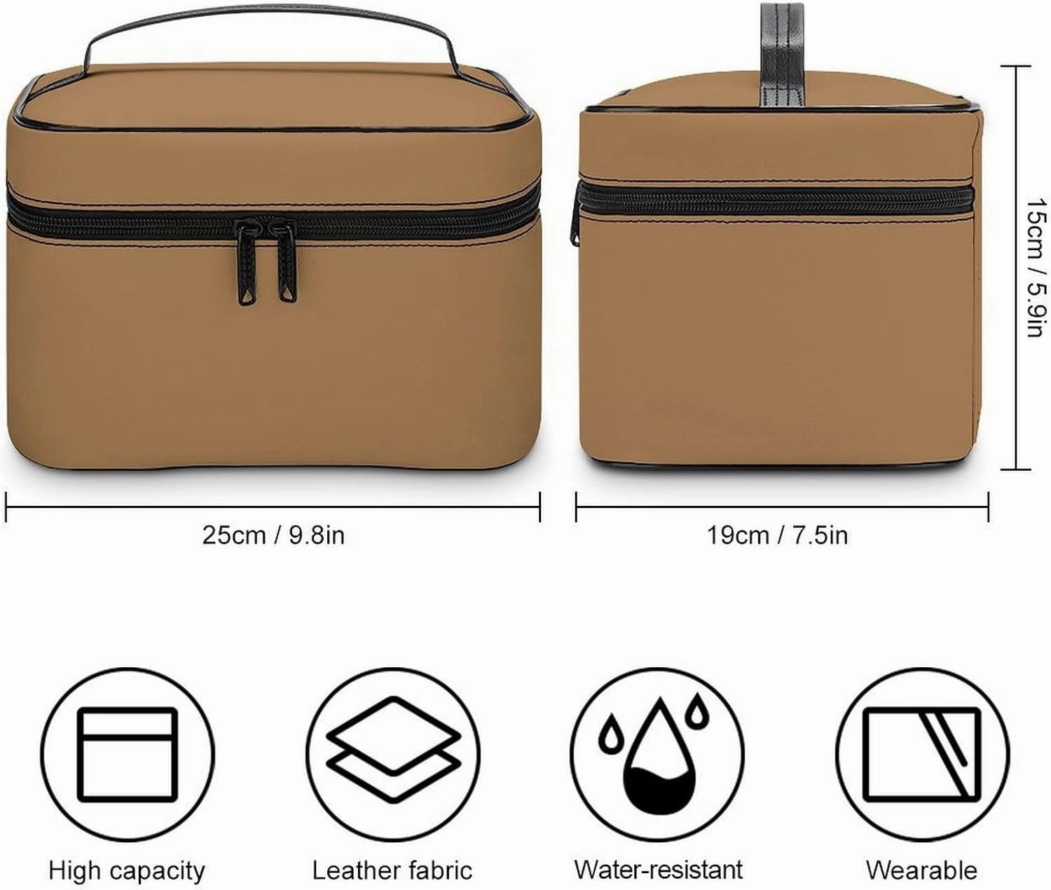 Travel Makeup Bag, Minimalist Solid Brown Cosmetic Bags for Women Large Capacity Waterproof Toiletry Bag Make up Organizer
