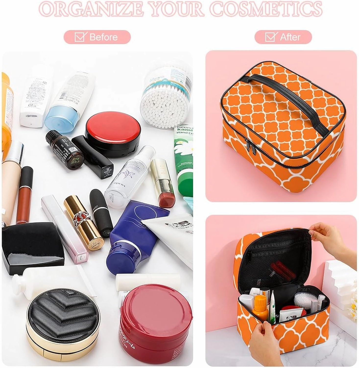 Travel Makeup Bag, Quatrefoil Pumpkin Orange Cosmetic Bags for Women Large Capacity Waterproof Toiletry Bag Make up Organizer