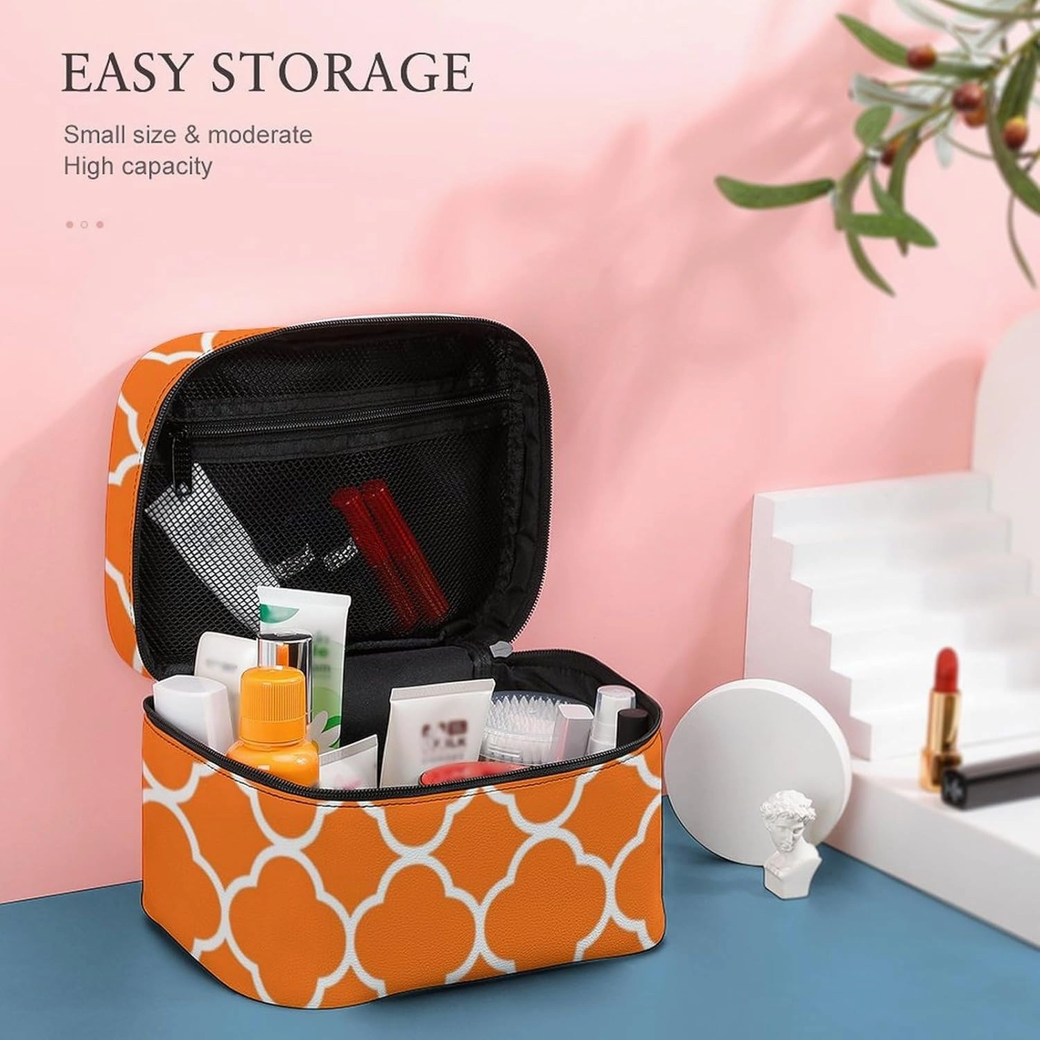 Travel Makeup Bag, Quatrefoil Pumpkin Orange Cosmetic Bags for Women Large Capacity Waterproof Toiletry Bag Make up Organizer