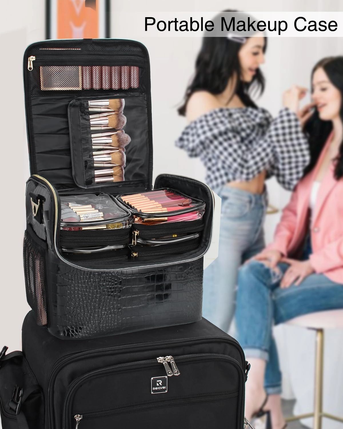 Travel Makeup Bag, Tattoo Case with 4 Inner Removable Pouches, Professional Makeup Artist Bag Travel Organizer Box with Adjustable Dividers (Medium, Black)