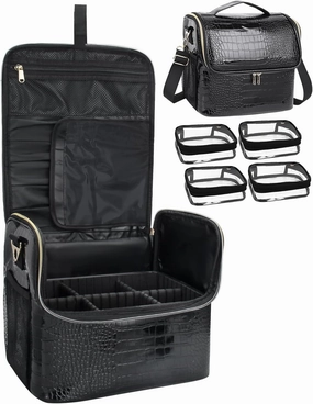 Travel Makeup Bag, Tattoo Case with 4 Inner Removable Pouches, Professional Makeup Artist Bag Travel Organizer Box with Adjustable Dividers (Medium, Black)