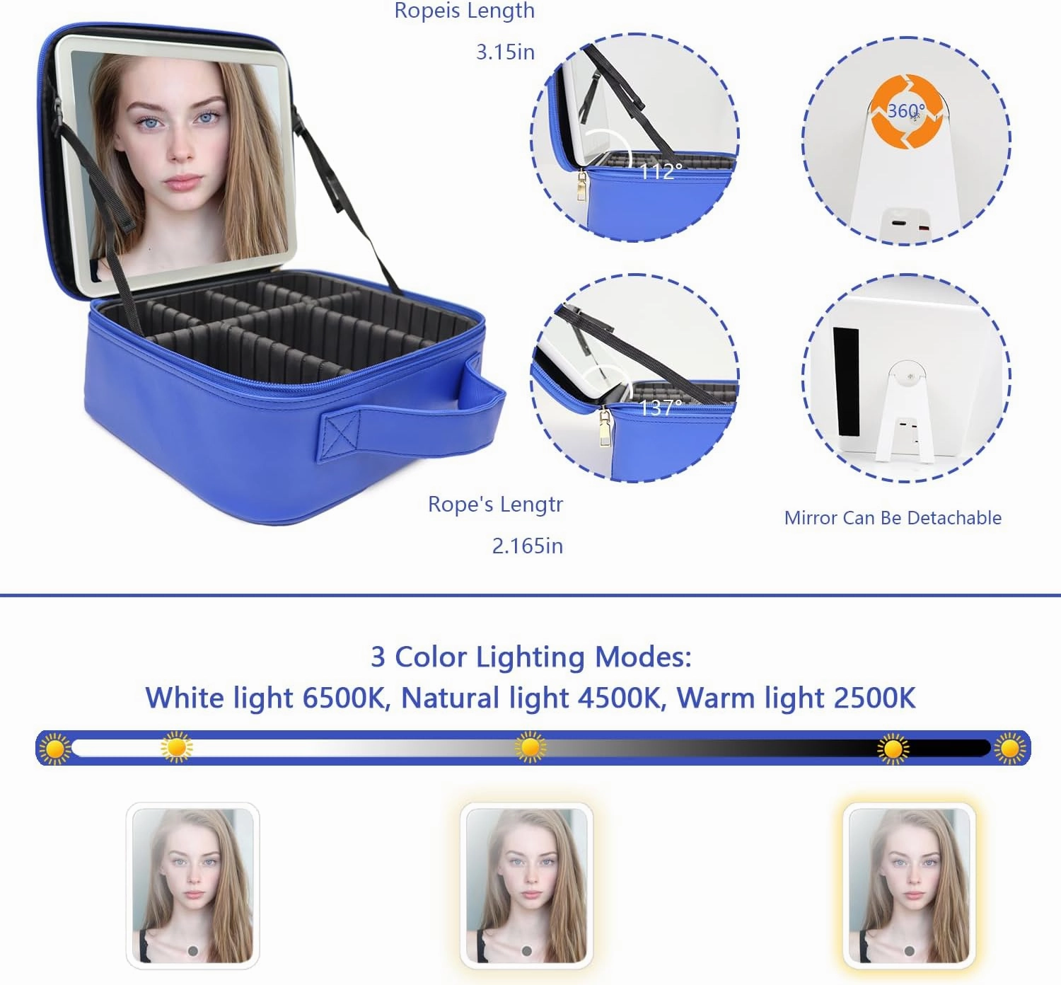 Travel Makeup Bag with LED Mirror and Light Makeup Travel Bag Organizer Portable Cosmetic Brush Organizer Bag with Adjustable Dividers for Cosmetics Makeup Brushes Toiletry (Dark Blue)