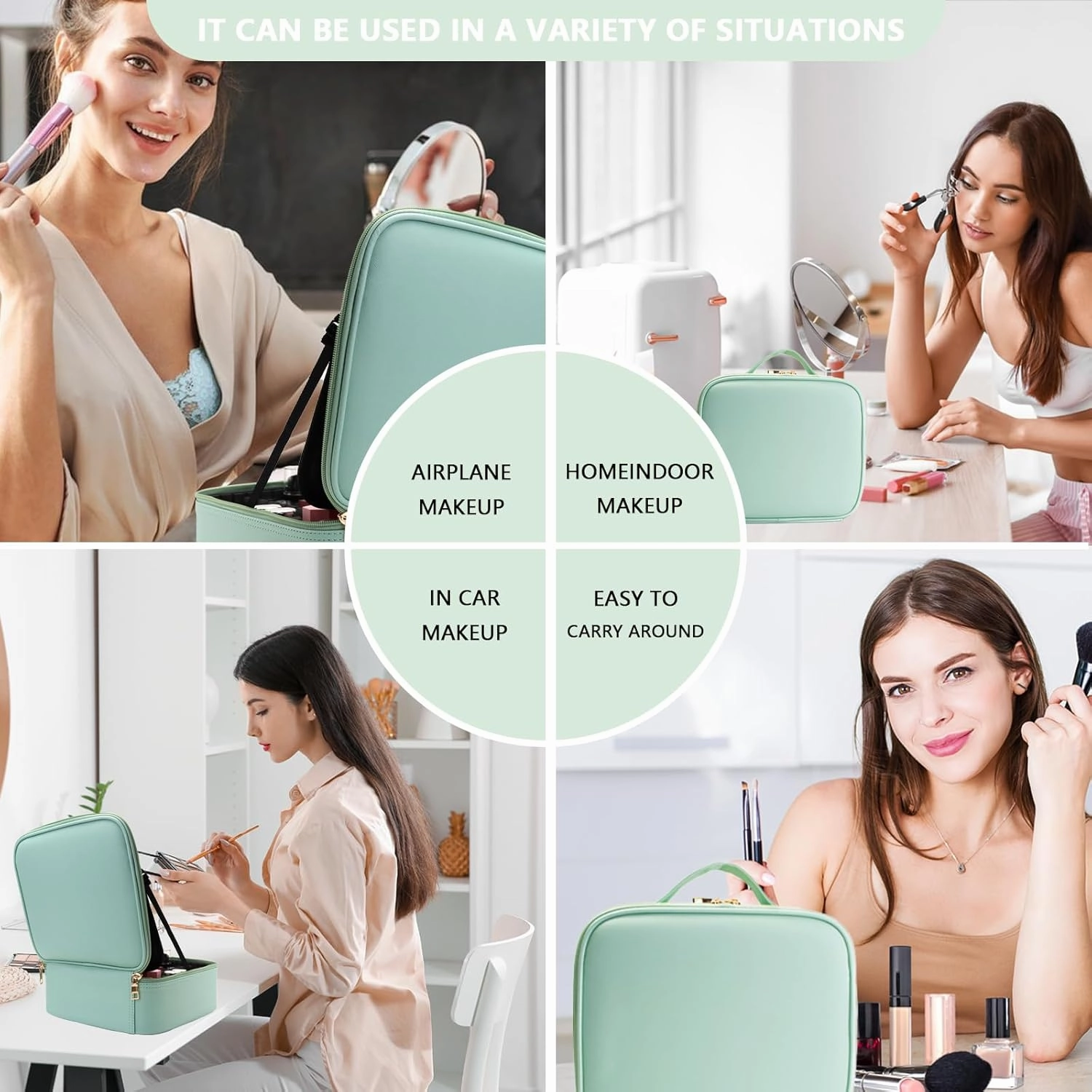 Travel Makeup Bag with LED Mirror and Light Makeup Travel Bag Organizer Portable Cosmetic Brush Organizer Bag with Adjustable Dividers for Cosmetics Makeup Brushes Toiletry (Light Green)
