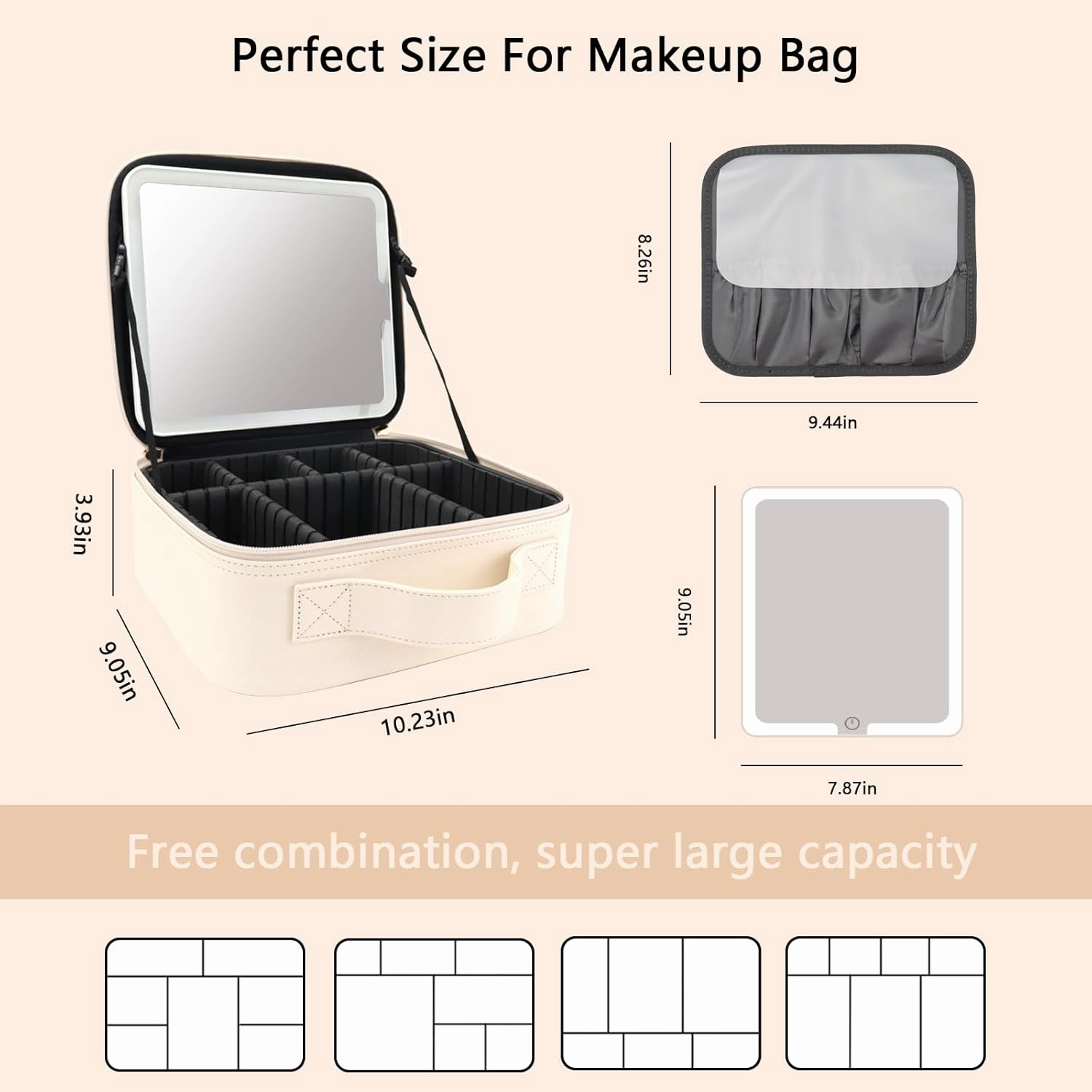Travel Makeup Bag with LED Mirror and Light Makeup Travel Bag Organizer Portable Cosmetic Brush Organizer Bag with Adjustable Dividers for Cosmetics Makeup Brushes Toiletry (White)