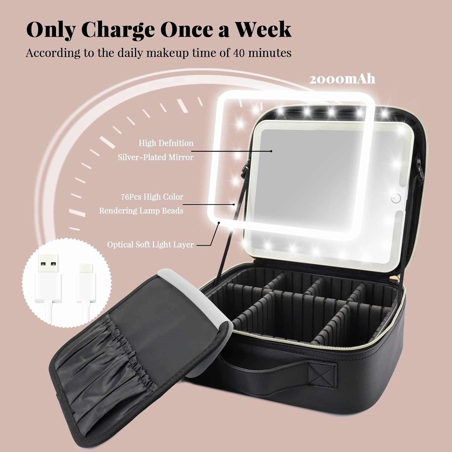 Travel Makeup Bag with LED Mirror and Light Travel Makeup Case Cosmetic Organizer Portable Cosmetic Brush Organizer Bag with Adjustable Dividers for Cosmetics Makeup Brushes Toiletry (Black)