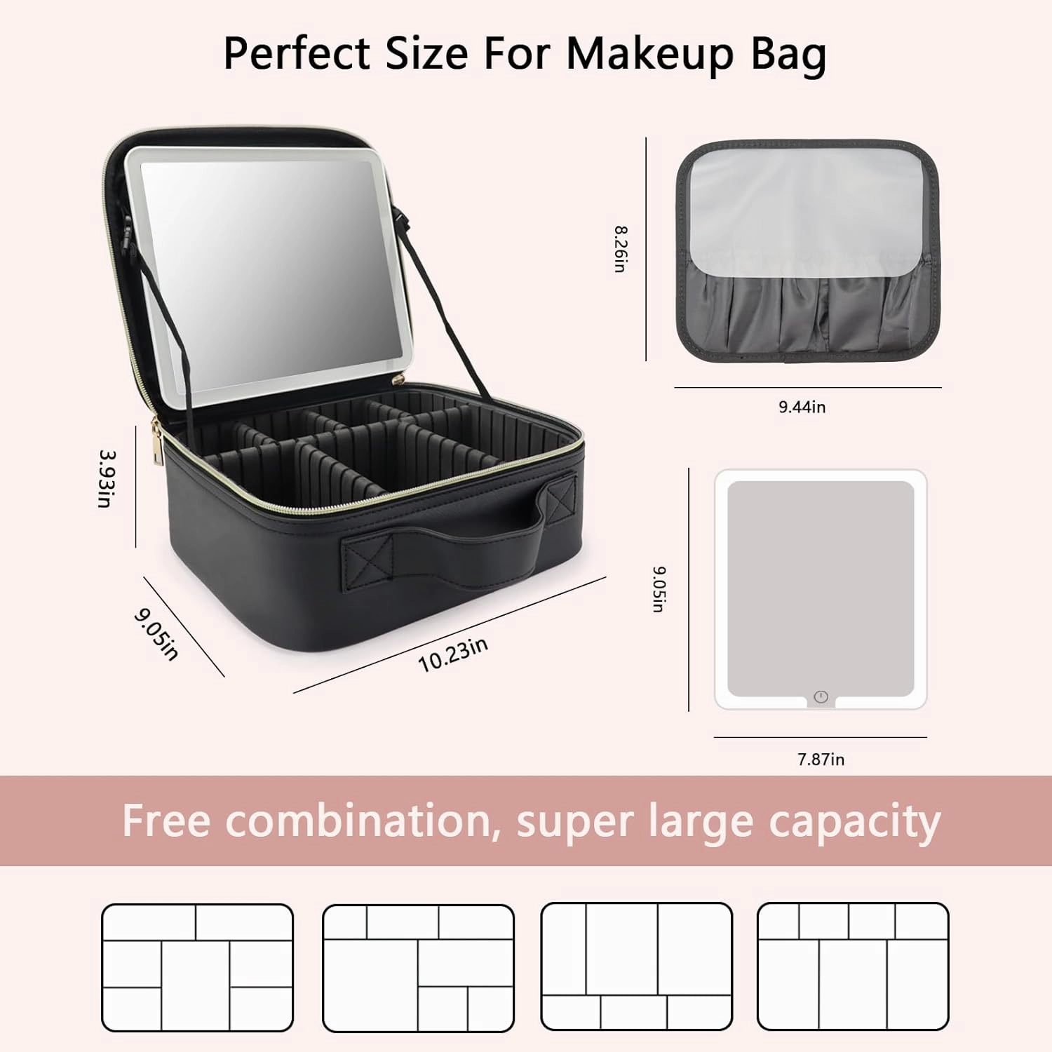 Travel Makeup Bag with LED Mirror and Light Travel Makeup Case Cosmetic Organizer Portable Cosmetic Brush Organizer Bag with Adjustable Dividers for Cosmetics Makeup Brushes Toiletry (Black)