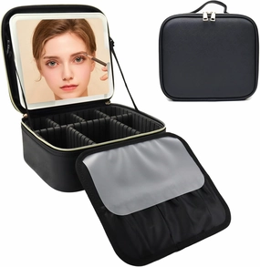 Travel Makeup Bag with LED Mirror and Light Travel Makeup Case Cosmetic Organizer Portable Cosmetic Brush Organizer Bag with Adjustable Dividers for Cosmetics Makeup Brushes Toiletry (Black)