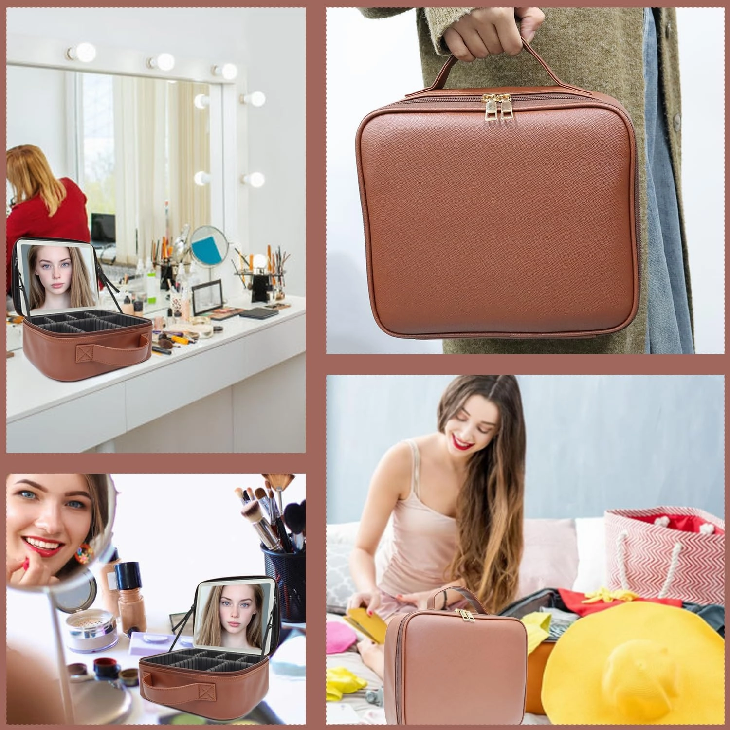 Travel Makeup Bag with LED Mirror and Light Travel Makeup Case Cosmetic Organizer Portable Cosmetic Brush Organizer Bag with Adjustable Dividers for Cosmetics Makeup Brushes Toiletry(Dark Brown)