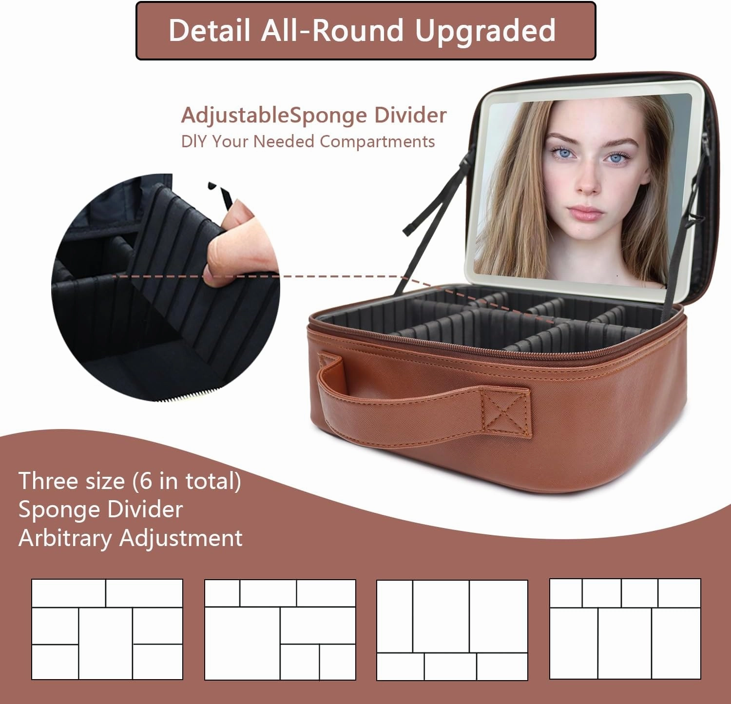 Travel Makeup Bag with LED Mirror and Light Travel Makeup Case Cosmetic Organizer Portable Cosmetic Brush Organizer Bag with Adjustable Dividers for Cosmetics Makeup Brushes Toiletry(Dark Brown)