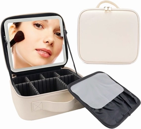 Travel Makeup Bag with LED Mirror Travel Makeup Organizer with 3 Lighted Settings, Adjustable Dividers and Makeup Brush Storage Bag White