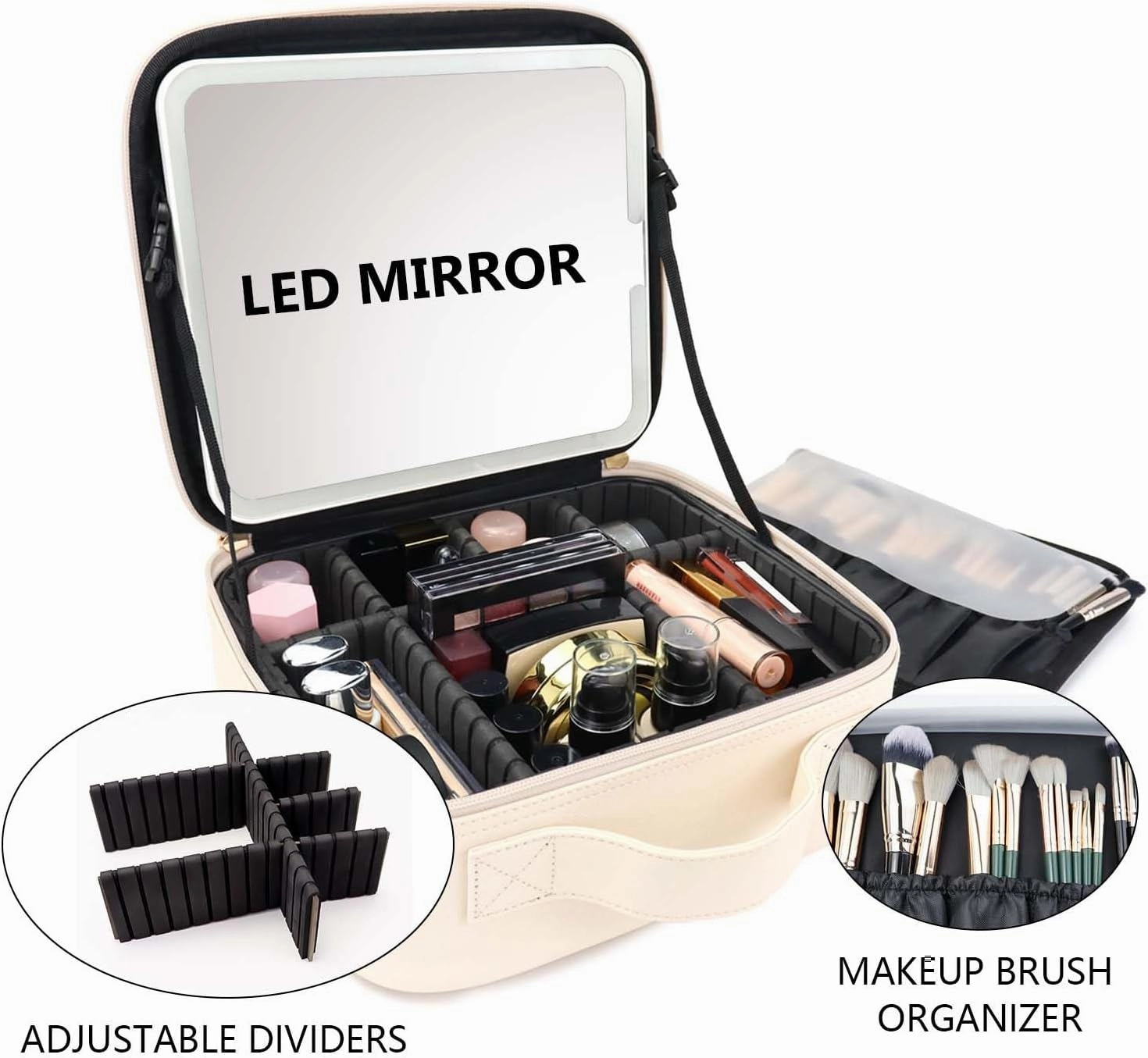Travel Makeup Bag with LED Mirror Travel Makeup Organizer with 3 Lighted Settings, Adjustable Dividers and Makeup Brush Storage Bag White