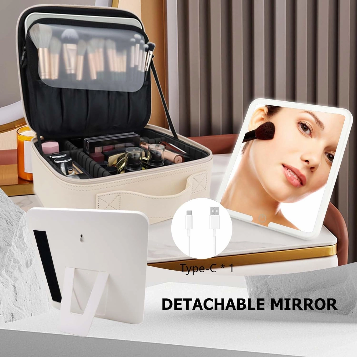 Travel Makeup Bag with LED Mirror Travel Makeup Organizer with 3 Lighted Settings, Adjustable Dividers and Makeup Brush Storage Bag White