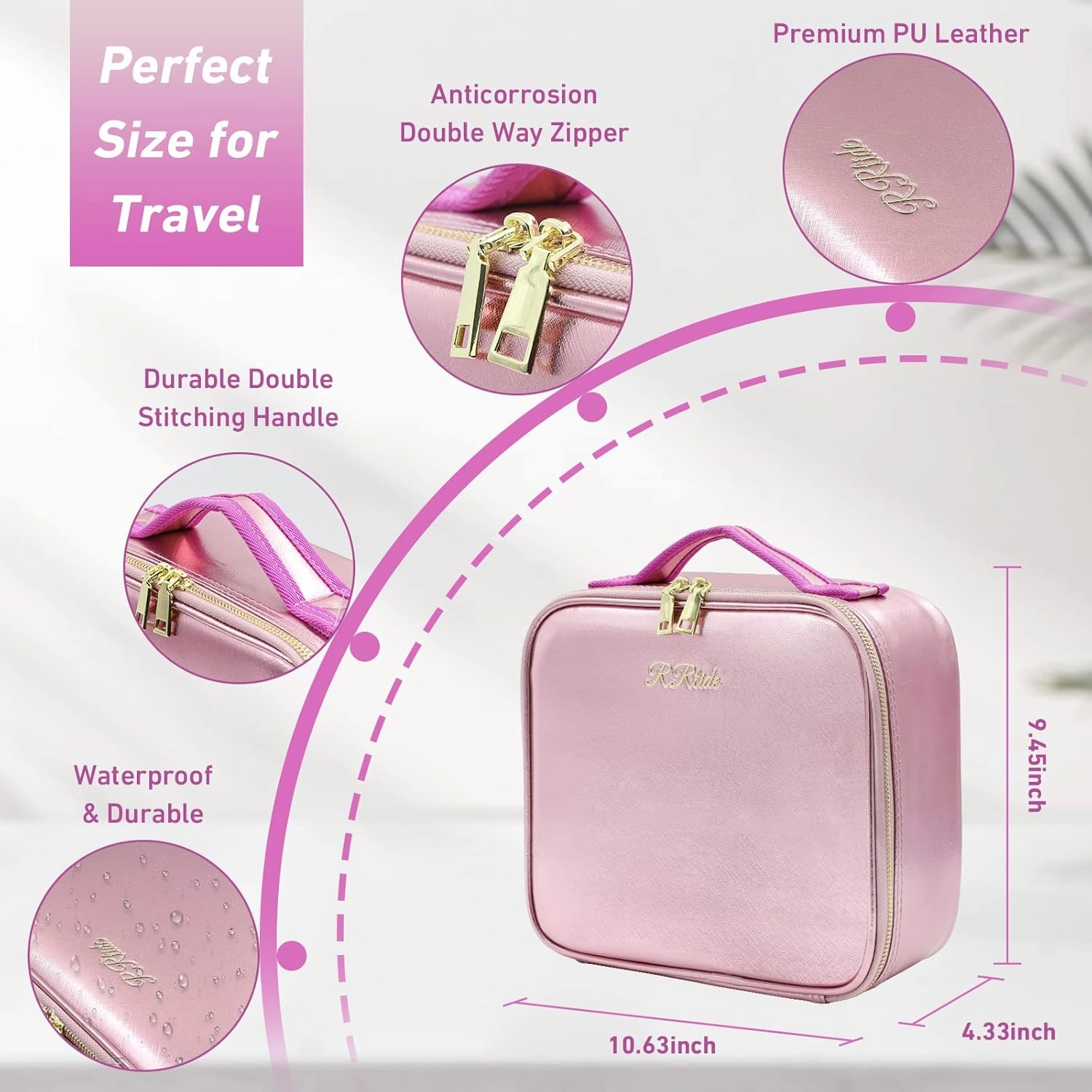 Travel Makeup Bag with Light up Mirror, Makeup Case with Mirror and Lights, with Detachable 10X Magnifying Mirror, Adjustable Dividers, Golden Rose