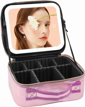 Travel Makeup Bag with Light up Mirror, Makeup Case with Mirror and Lights, with Detachable 10X Magnifying Mirror, Adjustable Dividers, Golden Rose