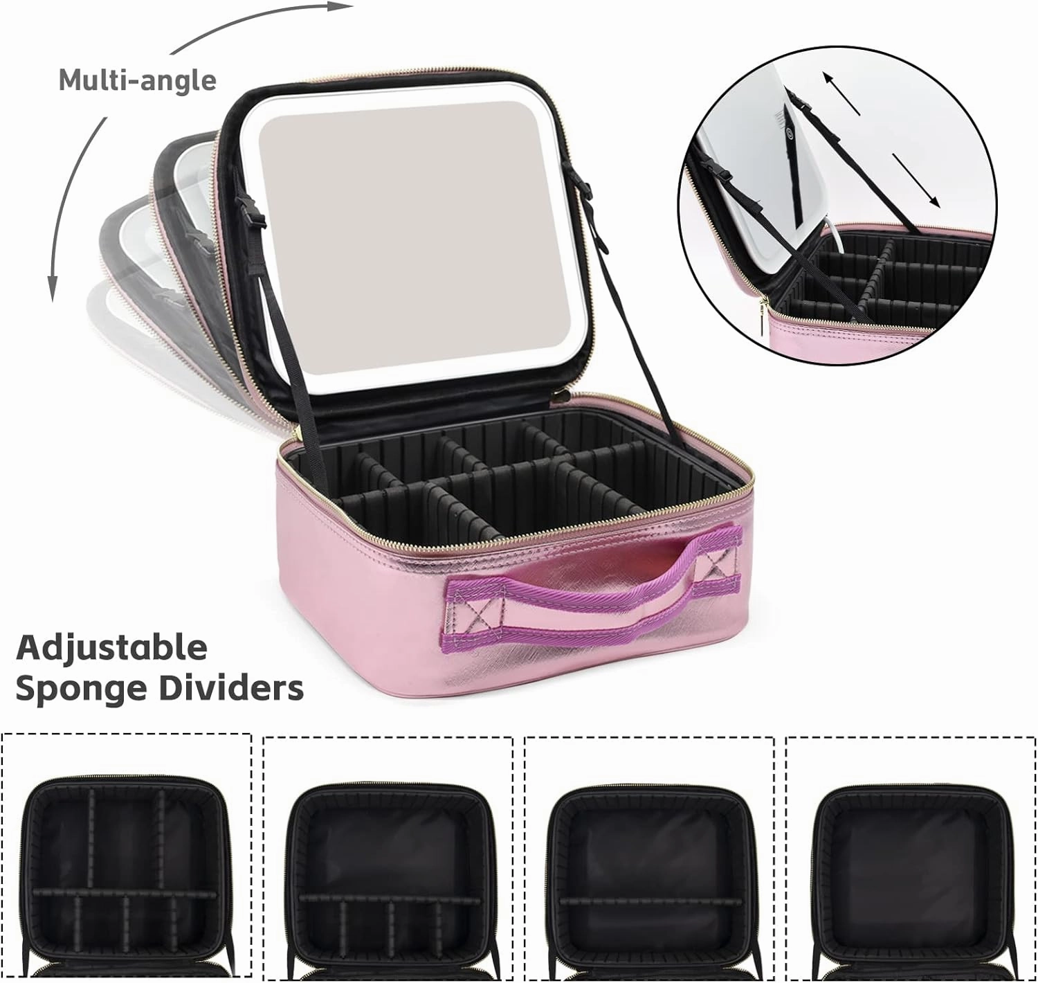 Travel Makeup Bag with Light up Mirror, Makeup Case with Mirror and Lights, with Detachable 10X Magnifying Mirror, Adjustable Dividers, Golden Rose