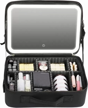 Travel Makeup Train Case Makeup Cosmetic Case Organizer Portable Artist Storage Bag, Three Light Sources, PU Leather Surface, LED Make-up Case With Mirror, Black/pink cosmetic case ( Color : Black )