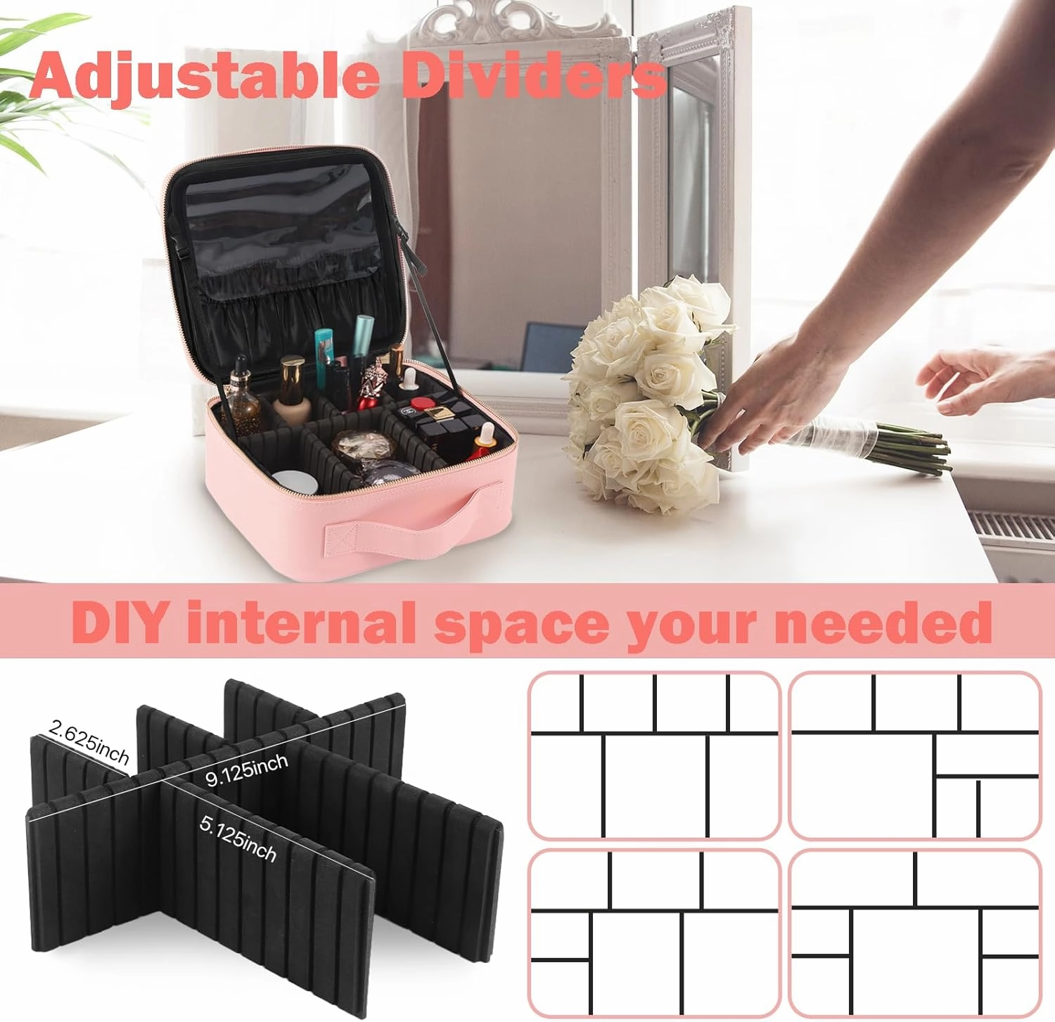 Travel Makeup Train Case Makeup Cosmetic Case Organizer Portable Artist Storage Bag with Adjustable Dividers for Cosmetics Makeup Brushes Toiletry Jewelry Digital Accessories PINK