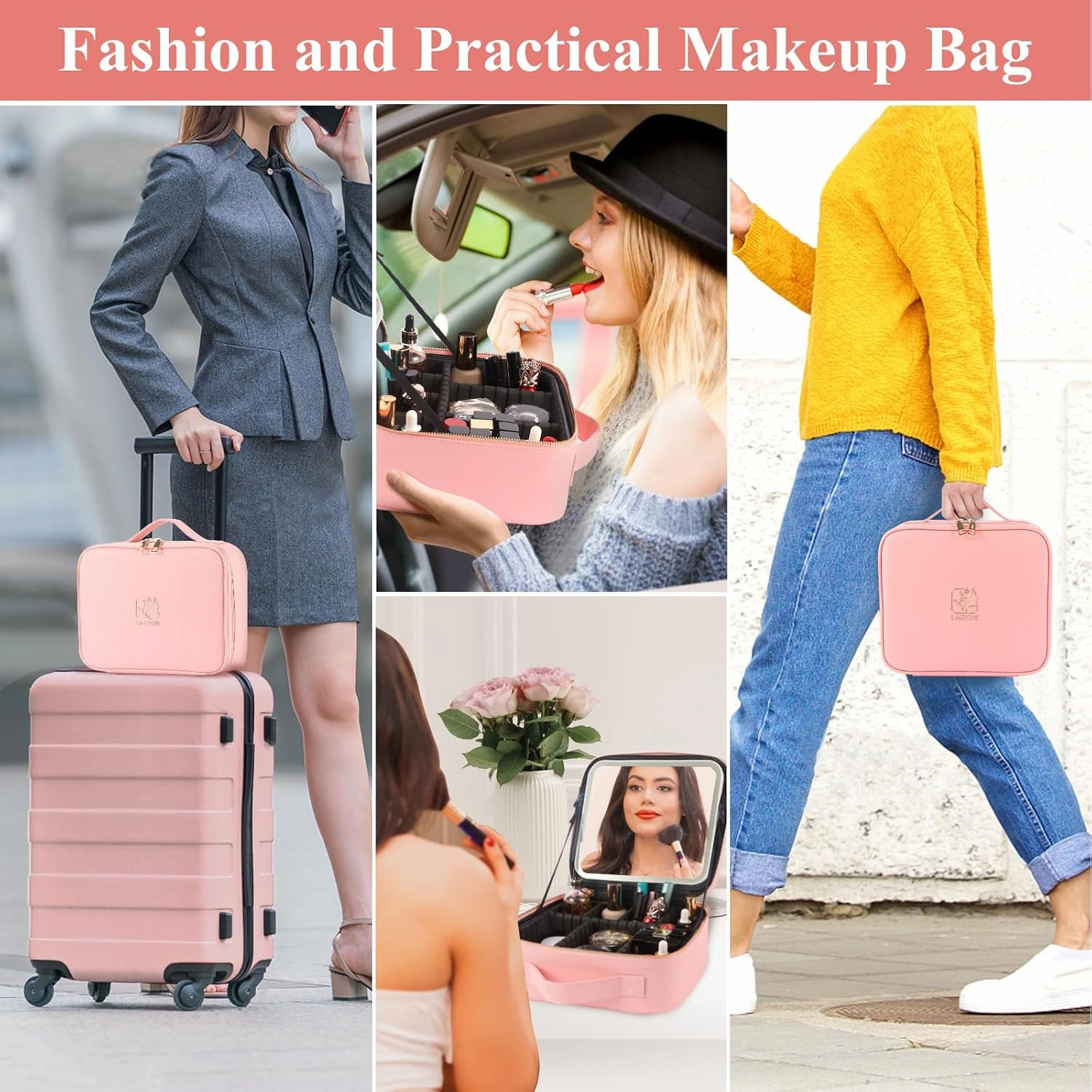 Travel Makeup Train Case Makeup Cosmetic Case Organizer Portable Artist Storage Bag with Adjustable Dividers for Cosmetics Makeup Brushes Toiletry Jewelry Digital Accessories PINK