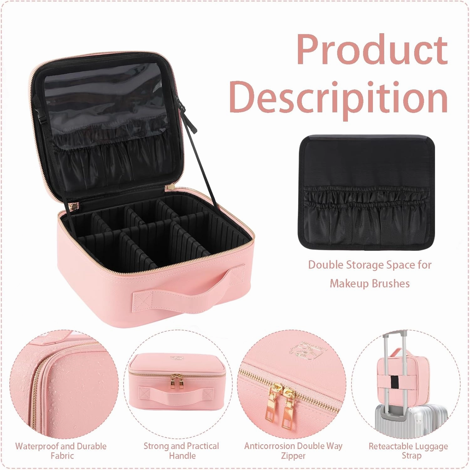 Travel Makeup Train Case Makeup Cosmetic Case Organizer Portable Artist Storage Bag with Adjustable Dividers for Cosmetics Makeup Brushes Toiletry Jewelry Digital Accessories PINK