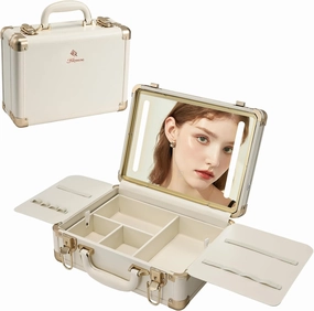 Travel Makeup Train Case with Light Up Mirror, Vegan Leather LED Lighted Makeup Box Organizer, Make-up Suitcase with Detachable Storage Tray, Vanity Cosmetic Organizer - Champagne Beige