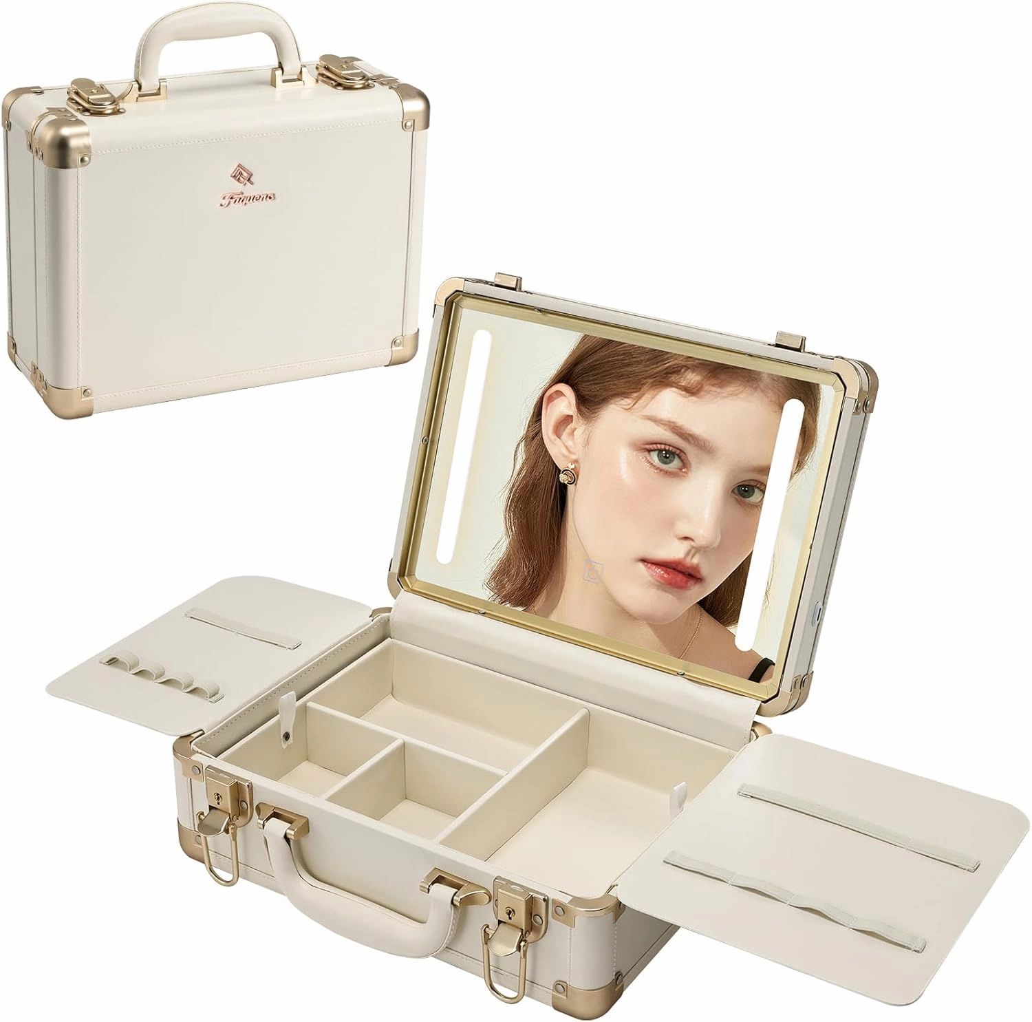 Travel Makeup Train Case with Light Up Mirror, Vegan Leather LED Lighted Makeup Box Organizer, Make-up Suitcase with Detachable Storage Tray, Vanity Cosmetic Organizer - Champagne Beige