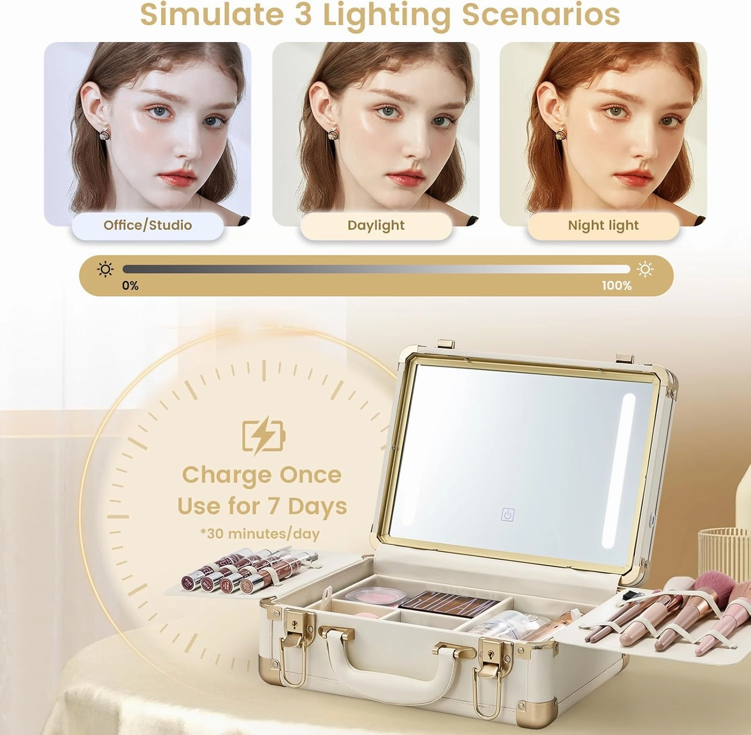 Travel Makeup Train Case with Light Up Mirror, Vegan Leather LED Lighted Makeup Box Organizer, Make-up Suitcase with Detachable Storage Tray, Vanity Cosmetic Organizer - Champagne Beige