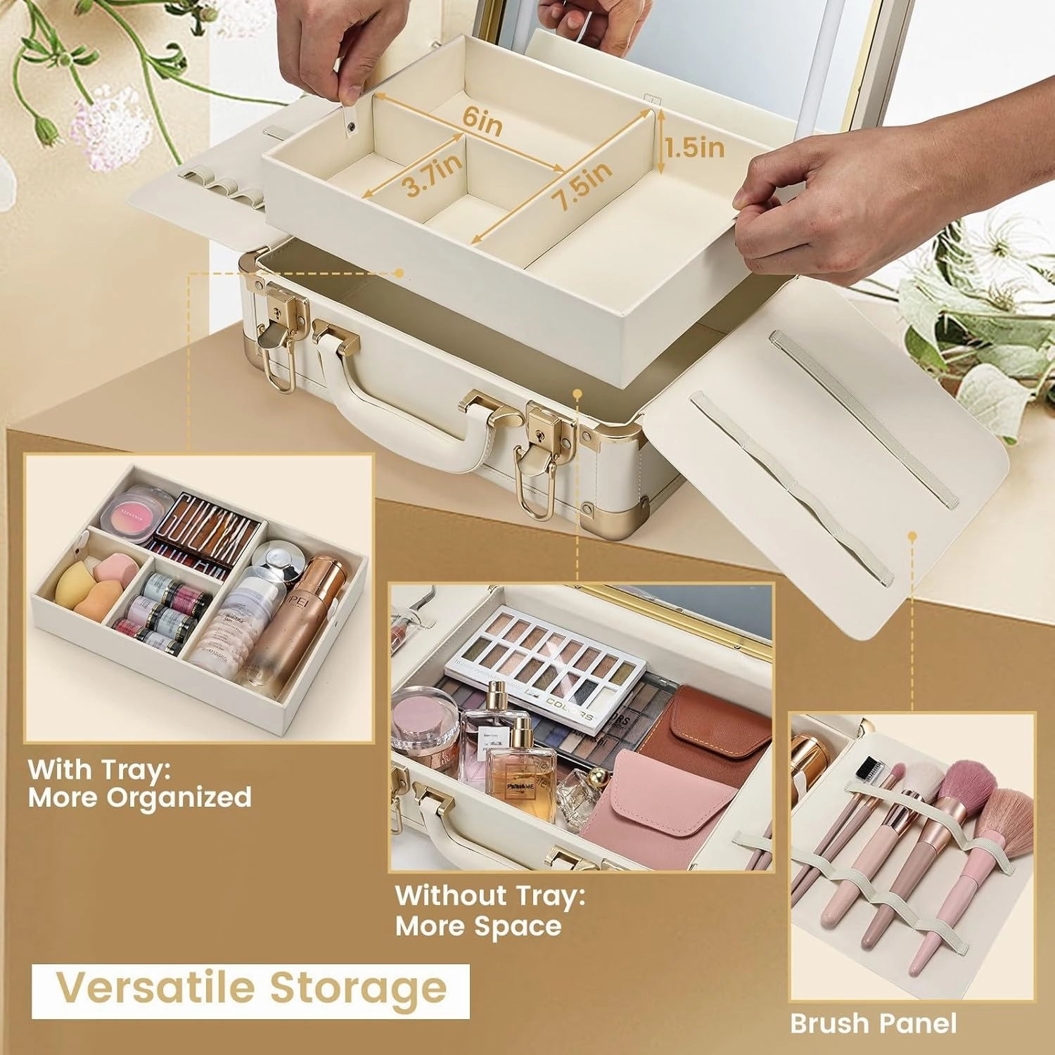 Travel Makeup Train Case with Light Up Mirror, Vegan Leather LED Lighted Makeup Box Organizer, Make-up Suitcase with Detachable Storage Tray, Vanity Cosmetic Organizer - Champagne Beige