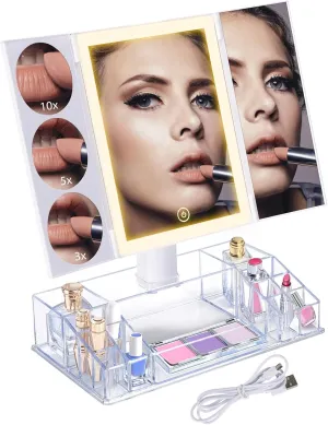 Trifold Makeup Mirror with Lights and Magnification 3X, 5X, 10X, Clear Cosmetic Storage Organizer, 3 Way Lighted Vanity Mirror, 3 Color Changing Dimming Touch Tabletop Mirror Gift for Back to School