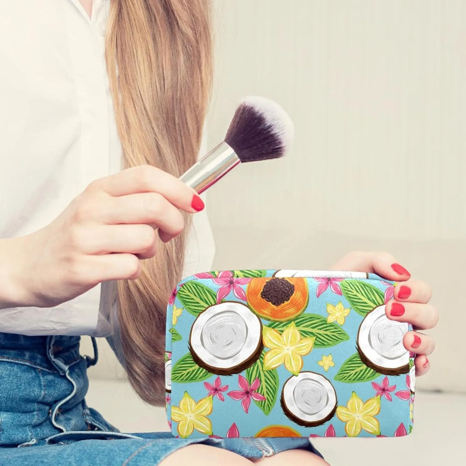 Tropical Fruit Pink Flower Watercolor Cosmetic Makeup Bags, Small Travel Zipper Pouch Portable Toiletry Bag Makeup Organizer for Women Teen Girls