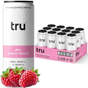 Tru Glow Seltzer, Biotin Beauty Drink with Vitamin A, Raspberry Flavor, Sparkling Water, Caffeine-Free, Kosher, Gluten-Free, Low-Calorie, No Sugar Added, 12oz (Pack of 12)