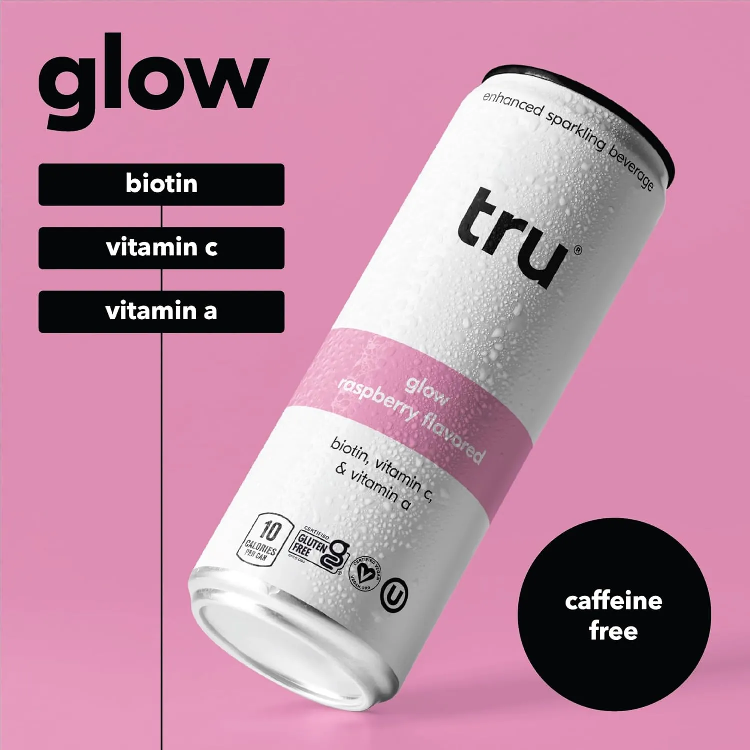 Tru Glow Seltzer, Biotin Beauty Drink with Vitamin A, Raspberry Flavor, Sparkling Water, Caffeine-Free, Kosher, Gluten-Free, Low-Calorie, No Sugar Added, 12oz (Pack of 12)