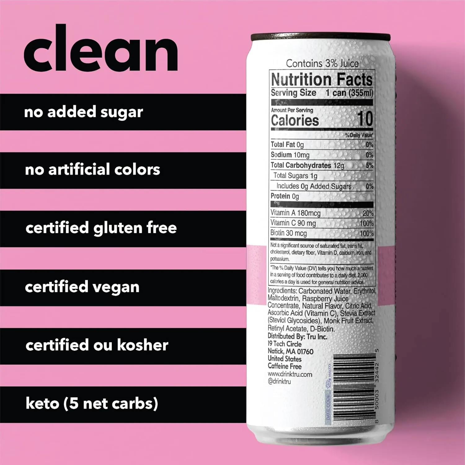Tru Glow Seltzer, Biotin Beauty Drink with Vitamin A, Raspberry Flavor, Sparkling Water, Caffeine-Free, Kosher, Gluten-Free, Low-Calorie, No Sugar Added, 12oz (Pack of 12)