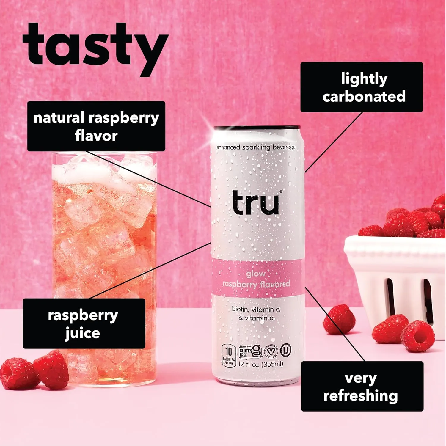 Tru Glow Seltzer, Biotin Beauty Drink with Vitamin A, Raspberry Flavor, Sparkling Water, Caffeine-Free, Kosher, Gluten-Free, Low-Calorie, No Sugar Added, 12oz (Pack of 12)