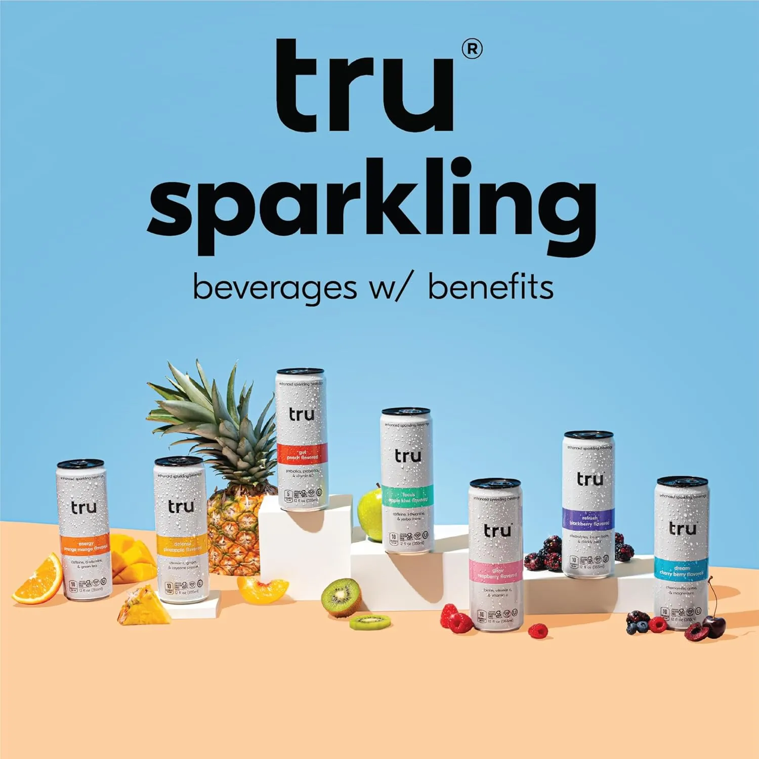 Tru Glow Seltzer, Biotin Beauty Drink with Vitamin A, Raspberry Flavor, Sparkling Water, Caffeine-Free, Kosher, Gluten-Free, Low-Calorie, No Sugar Added, 12oz (Pack of 12)
