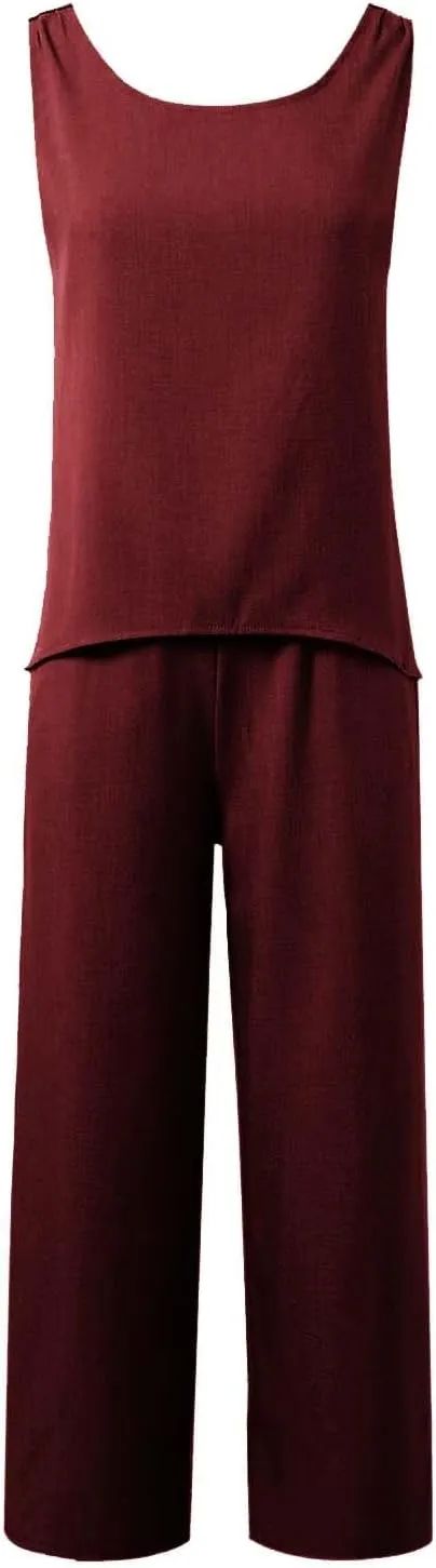 Two Piece Linen Sets for Women Linen Short Sleeve Top and Wide Leg Pants Lounge Matching Tracksuits Trendy Clothes