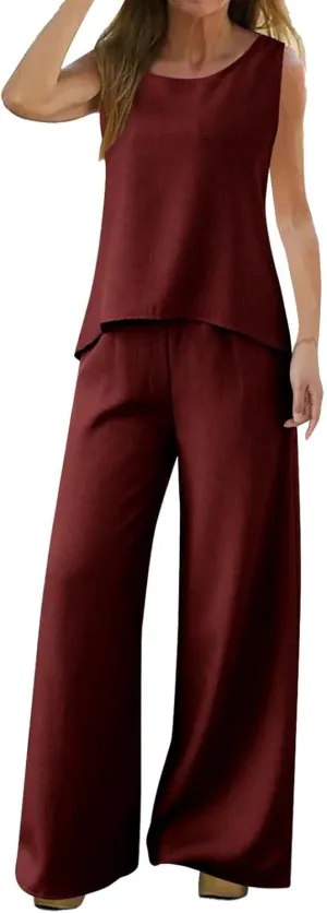 Two Piece Linen Sets for Women Linen Short Sleeve Top and Wide Leg Pants Lounge Matching Tracksuits Trendy Clothes