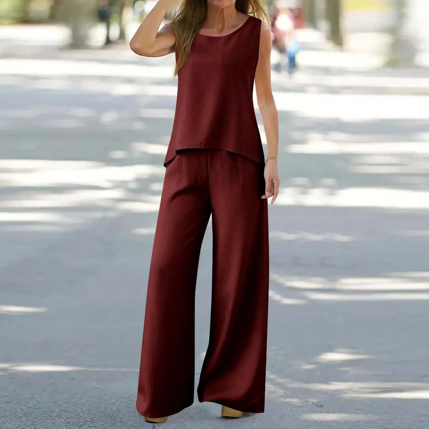 Two Piece Linen Sets for Women Linen Short Sleeve Top and Wide Leg Pants Lounge Matching Tracksuits Trendy Clothes