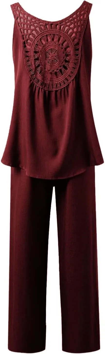 Two Piece Linen Sets for Women Linen Short Sleeve Top and Wide Leg Pants Lounge Matching Tracksuits Trendy Clothes