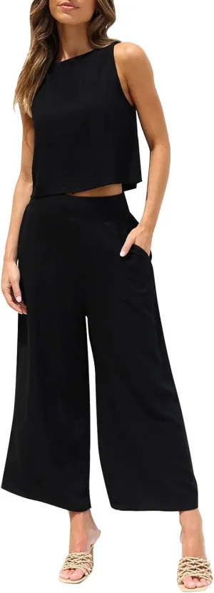 Two Piece Linen Sets for Women Summer Tracksuit Sets Short Sleeve Tops Long Pants Jogger Lounge Set with Pockets