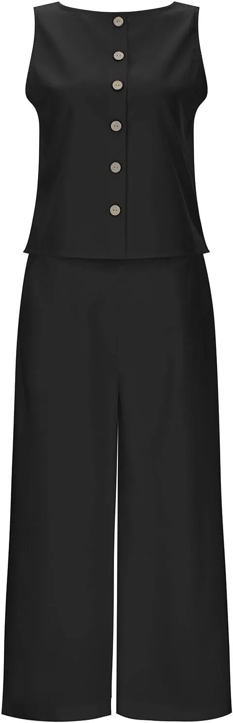 Two Piece Linen Sets for Women Summer Tracksuit Sets Short Sleeve Tops Long Pants Jogger Lounge Set with Pockets