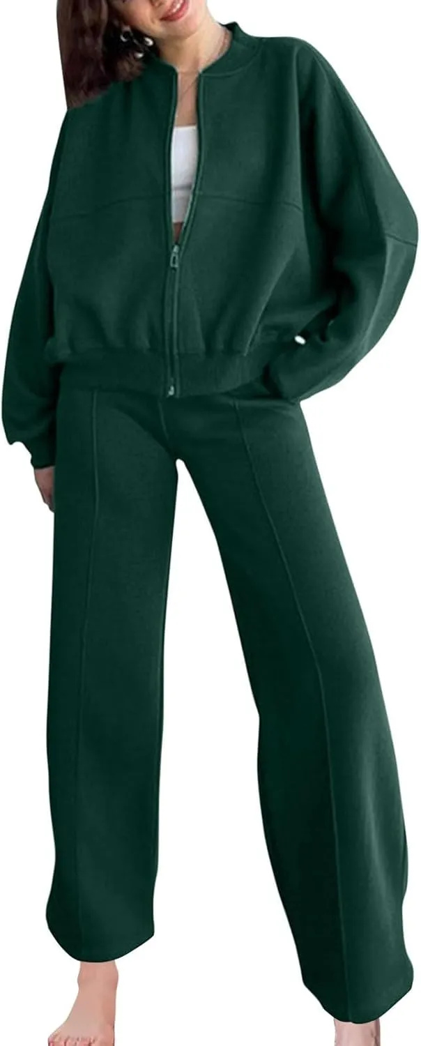Two Piece Sets for Women Going Out Solid Zipper Sweatsuits Casual Straight Leg Pants Set 2 Piece Travel Outfits